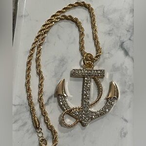 Gold Color Rhinestone Anchor Necklace New